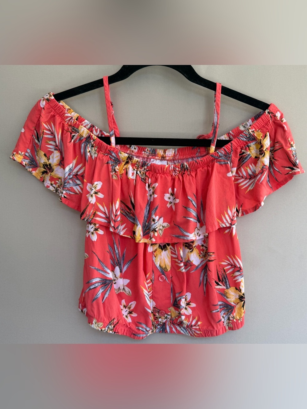 No Boundaries Coral Floral Off-Shoulder Ruffle Top